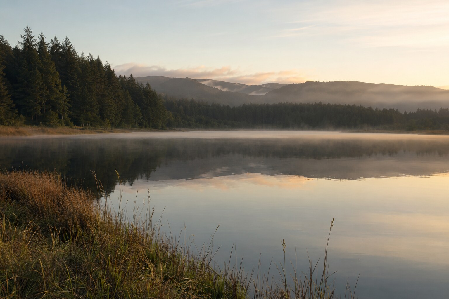 Mist resting over a calm lake and forested shoreline.