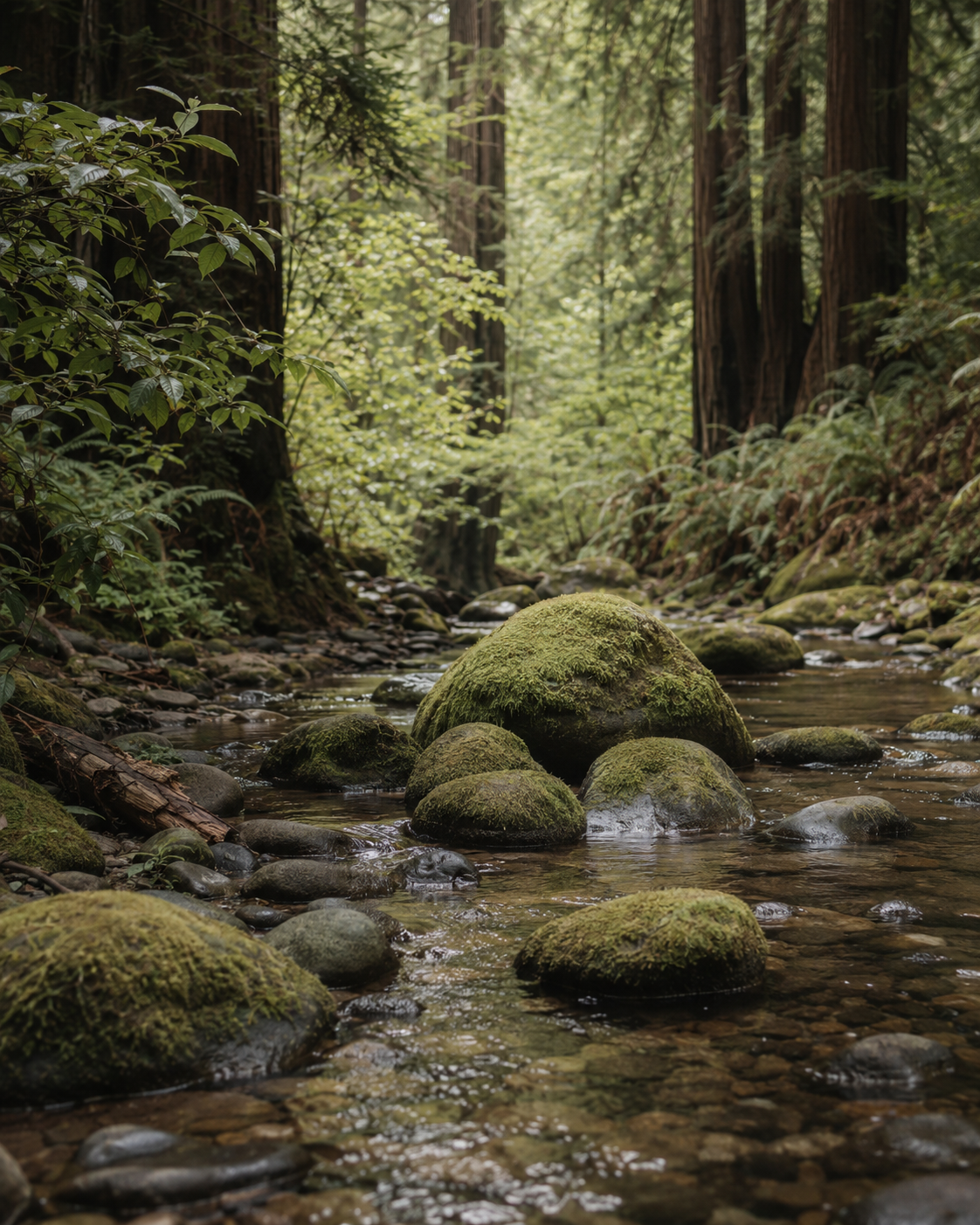 A rocky creek flowing through a green redwood forest.